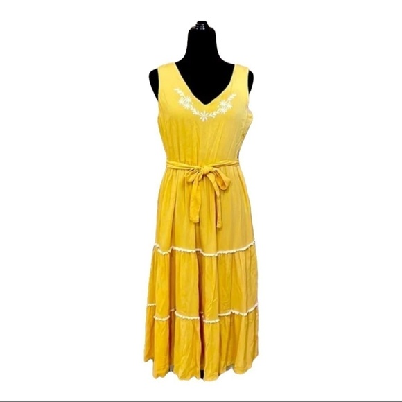 NWT Joie x Revolve Yellow Floral Embroidered Tiered Midi Dress Size 8 - Picture 4 of 9